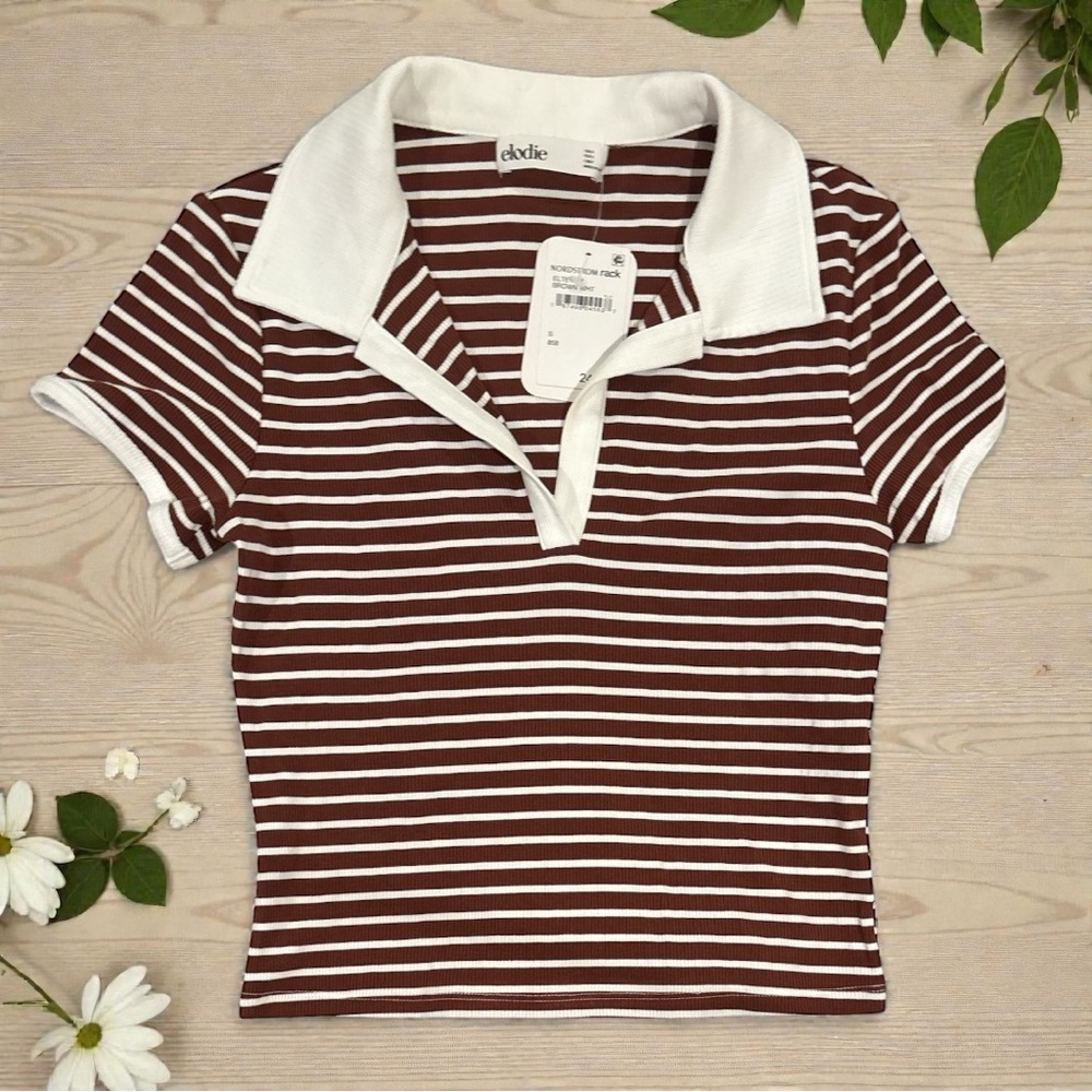 Elodie Brown & White Striped Ribbed Polo Top - Size Small - NWT